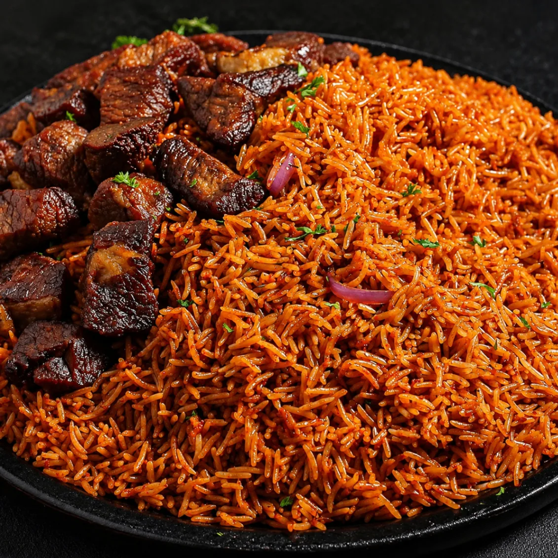 Jollof rice served with beef chunks
