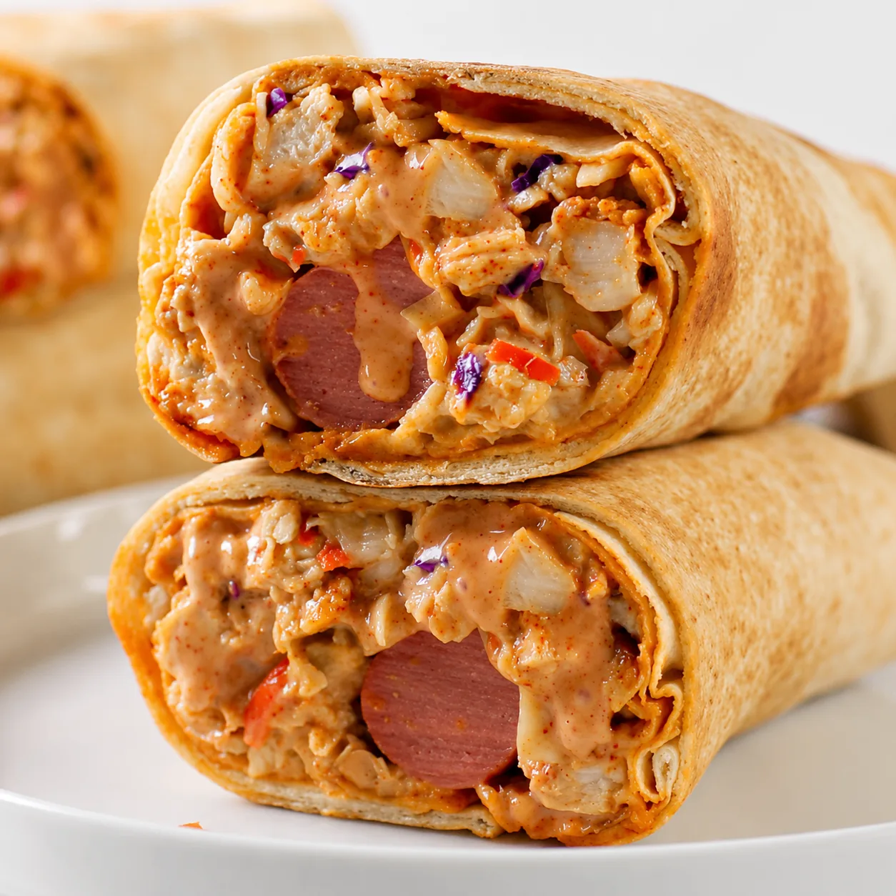 Chicken and beef shawarma wrap sliced open