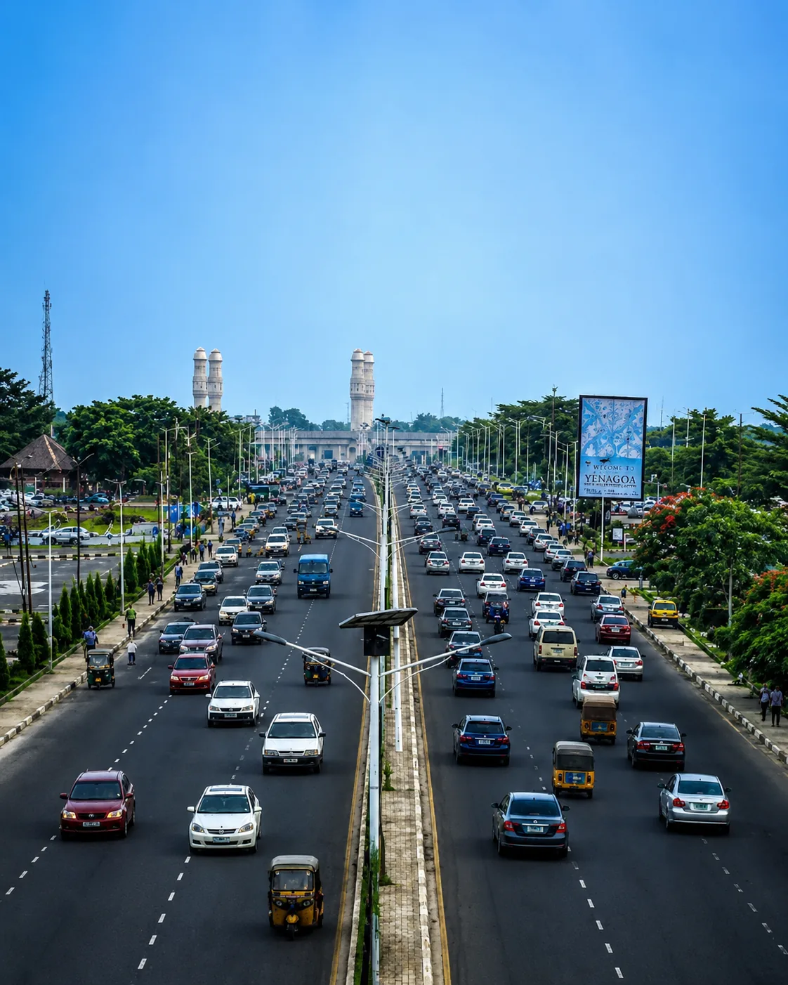 Busy multi-lane highway leading into a Nigerian city with landmark towers in the distance