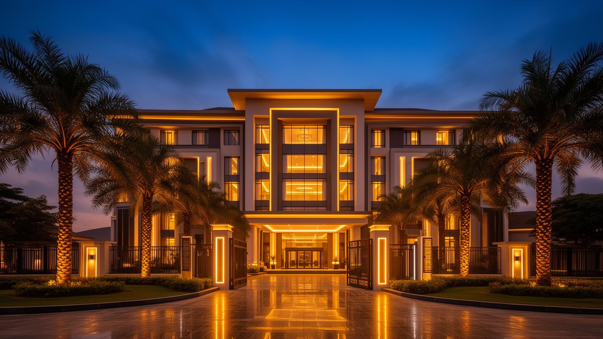Golden Orange Gate Hotel exterior glowing at dusk